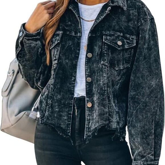 Womens Cropped Corduroy Jacket Casual Button Down Shacket Coat Fringe with Fraye - Picture 2 of 6